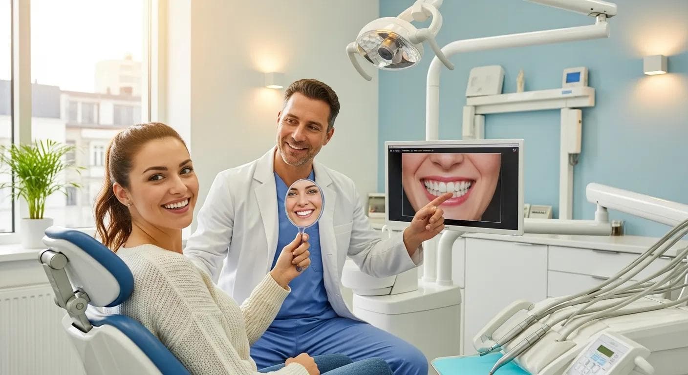Smiling patient in a modern dental office during a smile makeover consultation