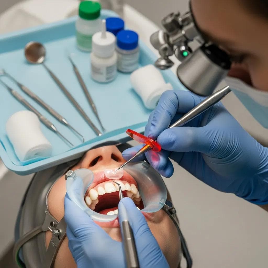 Dental professional applying veneers during a cosmetic dental procedure